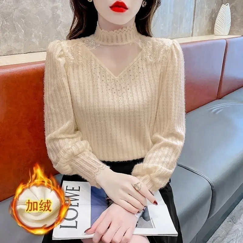 Half Turtleneck Brushed Lace Bottoming Shirt Women\'s Fashion Retro Top Autumn and Winter New Style Foreign Style Noble Pullover