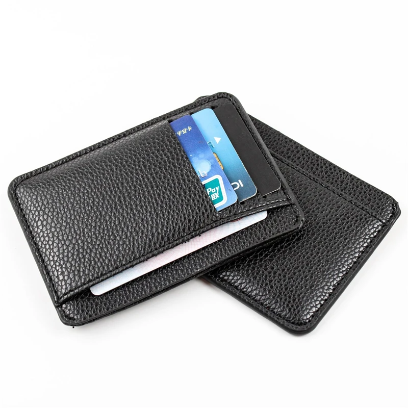 

Slim Black Credit ID Card Holder PU Leather Women Men Small Coin Wallet Lichee Pattern Business Money Bag Portable Mini Purse