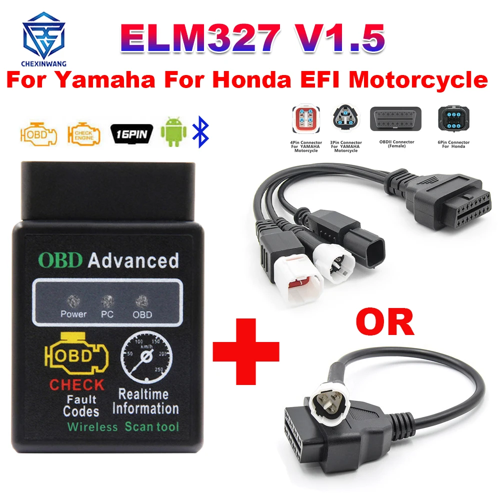 

ELM327 V1.5 для Yamaha, Honda EFI, диагностический инструмент для мотоциклов, 3 + 4 контакта и 6-контактный на 16-контактный сканер OBD2, диагностика неисправностей для Android