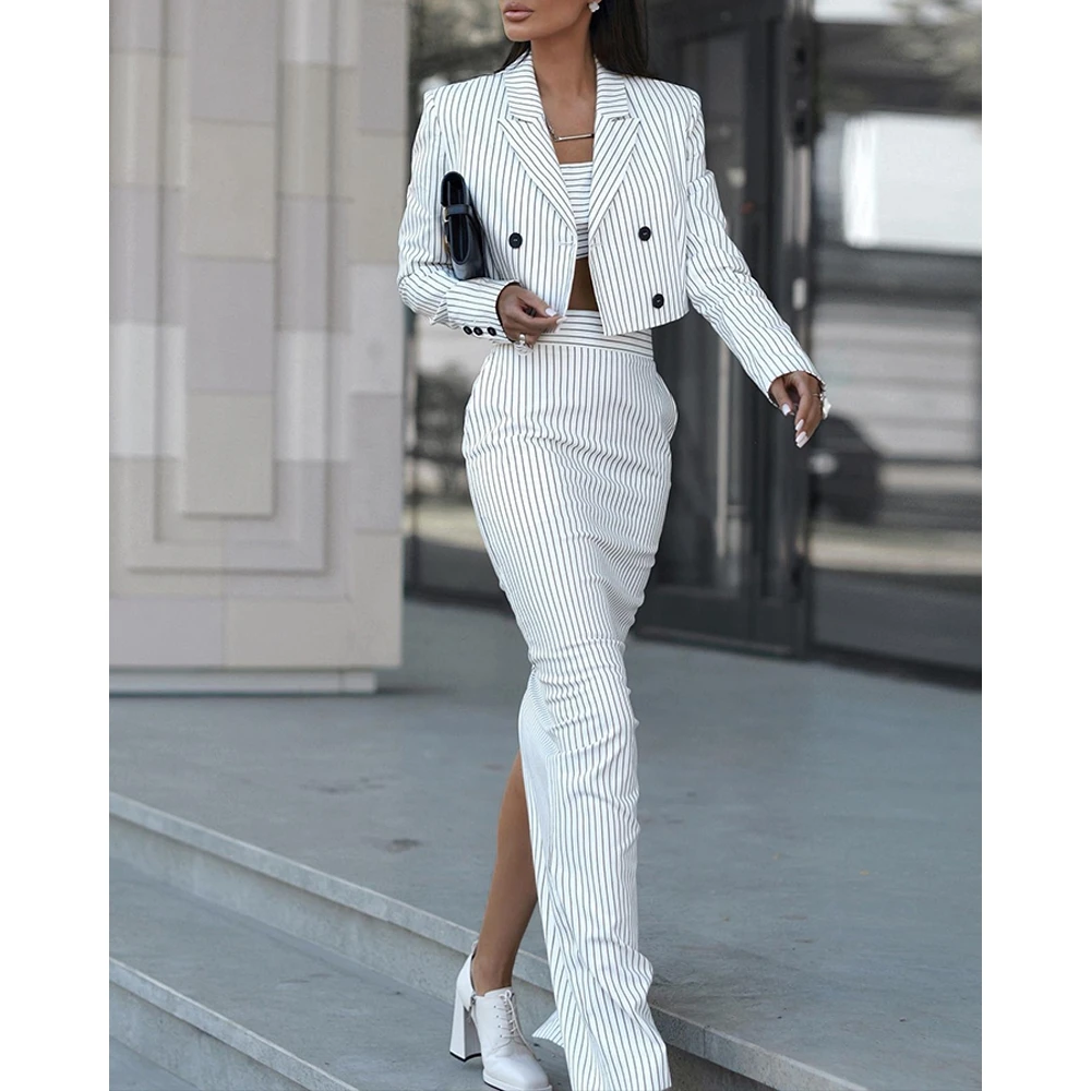 Women Nothched Collar Double Breasted Blazer Coat & High Waist Maxi Skirt Sets Female Autumn Striped Two Pieces Suit Dress Set