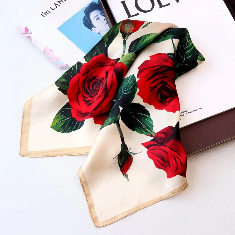

Rose Flowers Silk Hair Scarf Women Luxury Summer Small Shawl Square Neck Bandanas Bag Hand Accessories Women Foulard Femme 65cm
