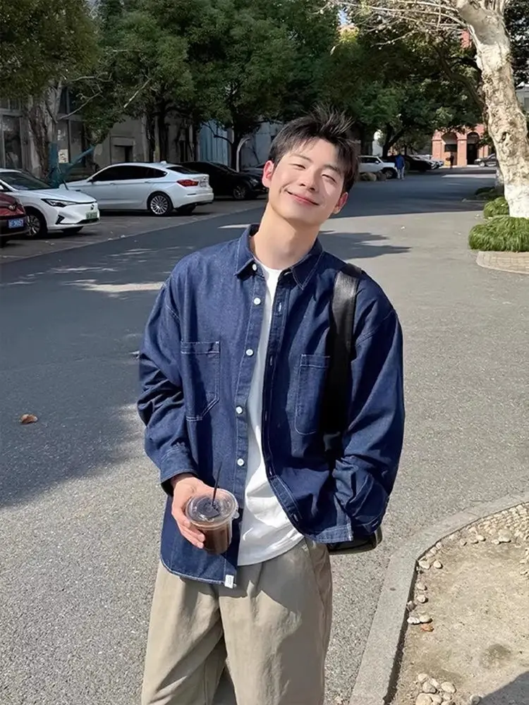 

Blue Denim Long Sve irt Casual Korean Sle Layering Loose Spring Youth Faion Workwear Outerwear for Men