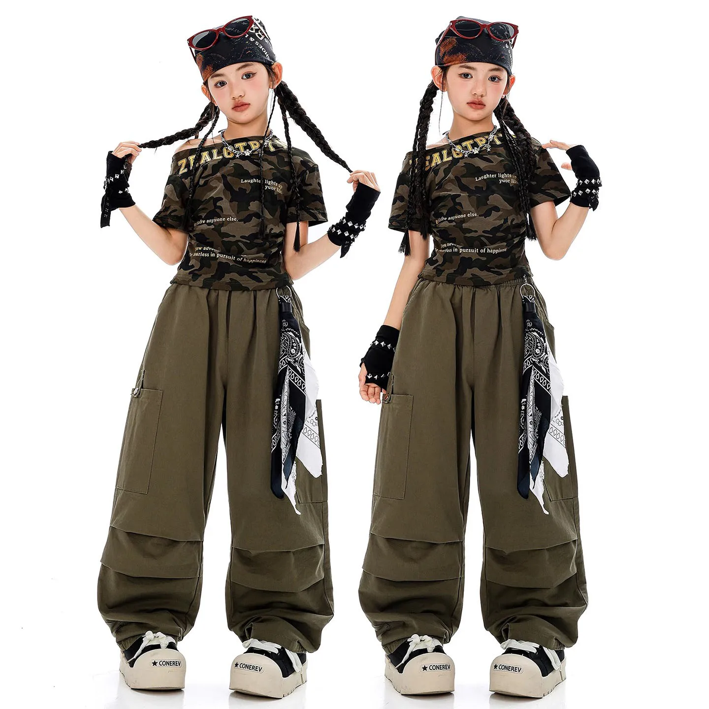 2025 Girls Jazz Dance Costume Summer Street Wear Hip Hop Performance Suit Camouflage Short Sleeve Navel Top Green Pants BL16240