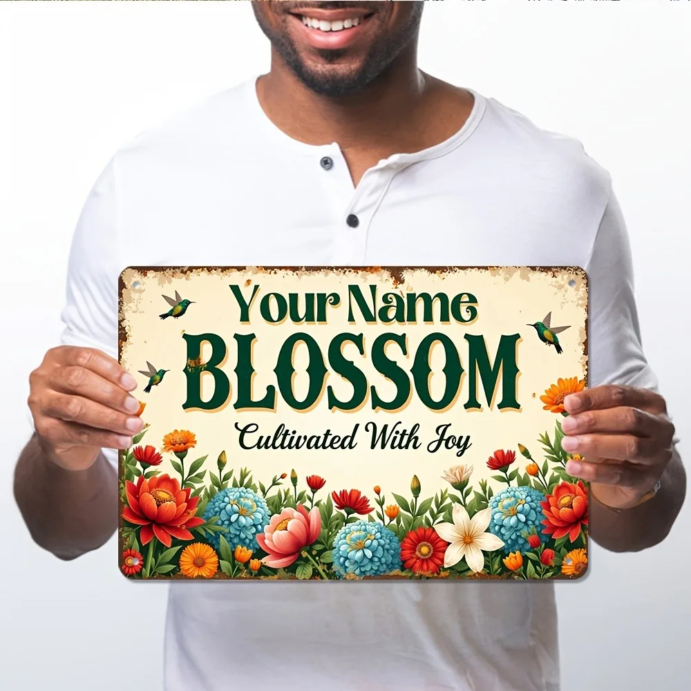 [2D Flat] 1pc Custom Name Blossom Floral Hummingbird Vintage Rust Metal Garden Sign Outdoor Wall Decor (Only For Decoration)