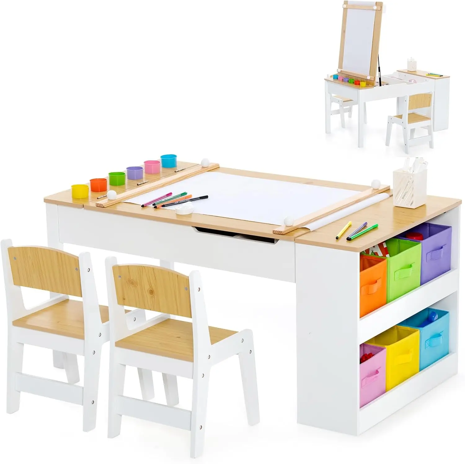 3 in 1 Kids Table and Chair Set, Wood Art Table & Easel Set with 2 Chairs, 6 Storage Bins, Paper Roller, Paint Cups for