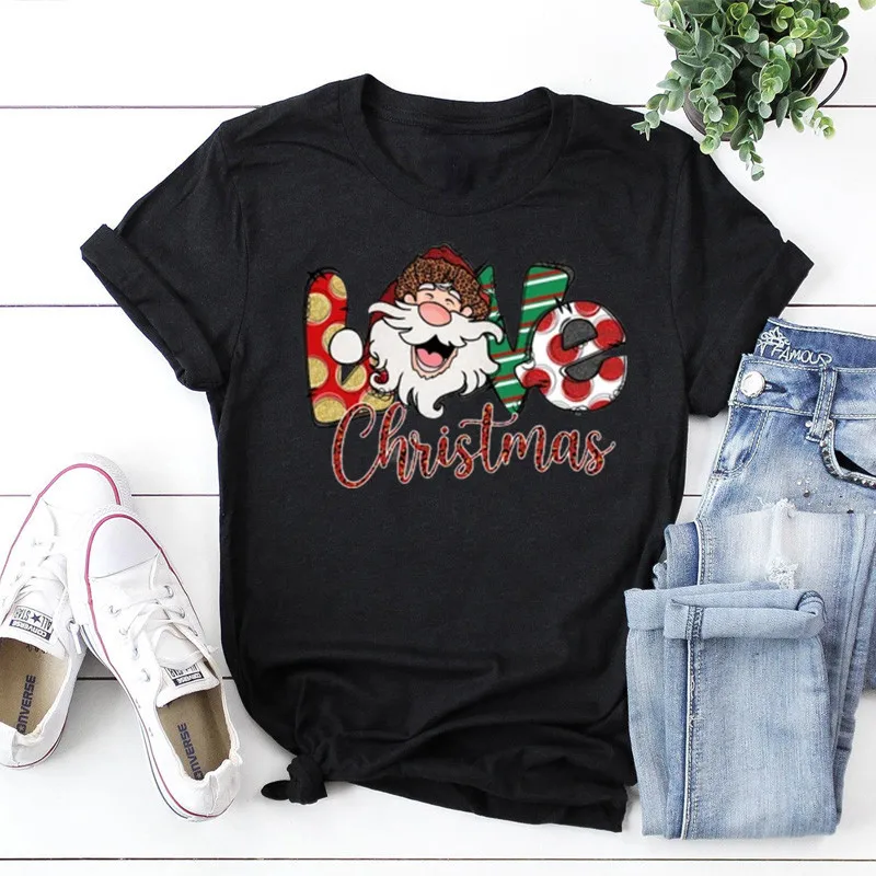 Love Christmas shirt shirt for women Merry Santa Claus gift Short Sleeve Top Tees O Neck 100% Cotton Fashion Streetwear harajuku