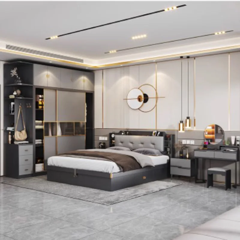 Juego de Dormitorio Completo Moderno y Minimalista, Cómoda con Espacio de Almacenamiento, Juego de Dormitorio Doble Elegante en Negro, Muebles Letto Matrimoniale