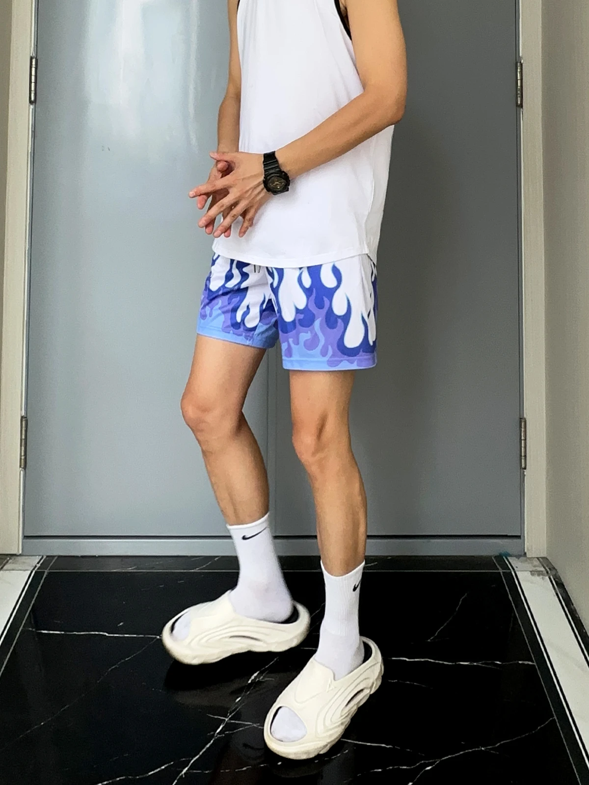 UNCLEBLUE Summer American Baskeall Sport orts Men's Flame Pattern Double Layer Large Me Breathable Straight Leg Casual ...