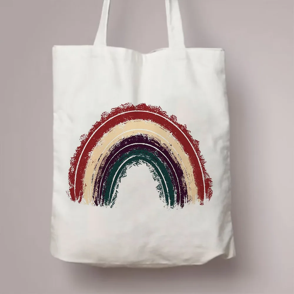 Rainbow Print Canvas Tote Bag Cute Boho Large Capacity Shoulder Bag for Daily Shopping Commute School