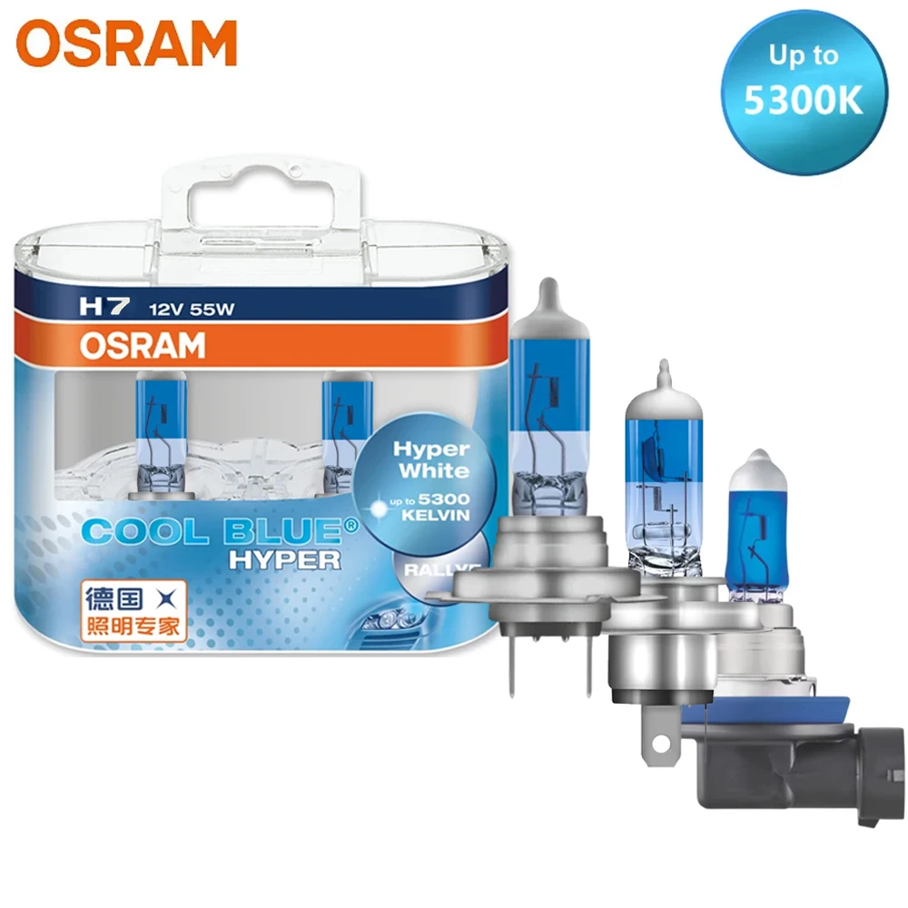 OSRAM Cool Blue Hyper H7 H4 H11 H1 Car Halogen HB3 9005 HB4 9006 5300K Headlight Hi/Lo Beam 12V 55W +50% Bright White Lamp,Pair