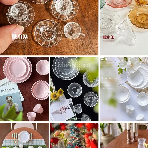 인형 집 커피 컵 및 받침 세트, 투명 시뮬레이션 컵 및 받침 접시 미니어처 보관함, 미니 주방 장면 액세서리 