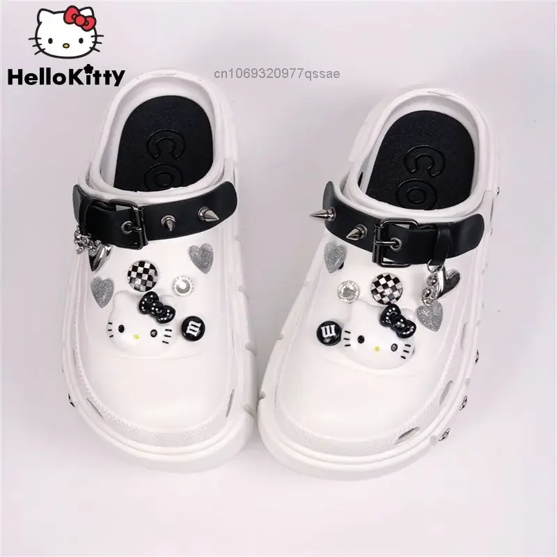 Dark Hello Kitty Punk Style Rivet Belt Hole Slippers Shoes Punk Female Summer Thick Sole Y2K Subcultural Outwear Sandal Slippers