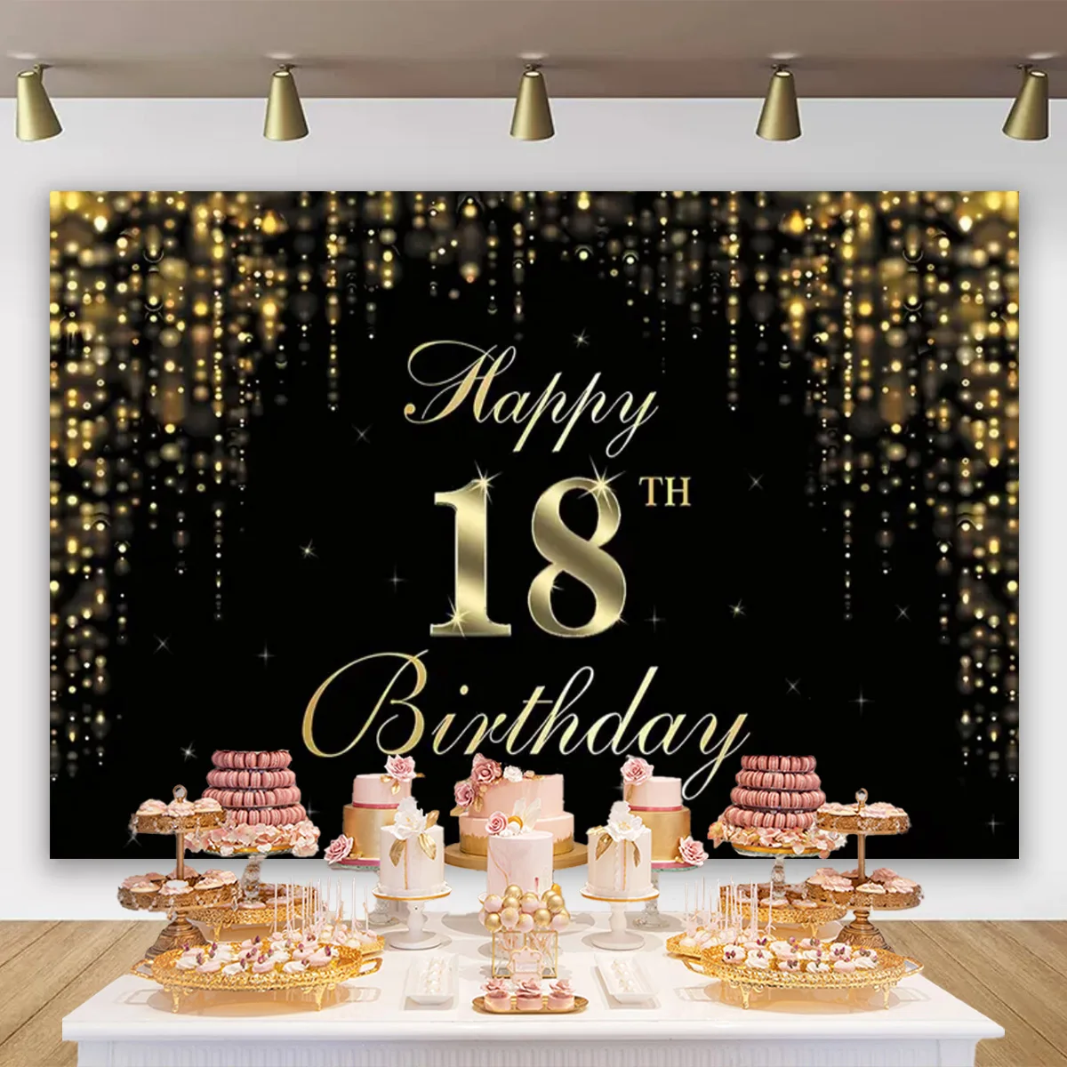 18th Birthday Party Backdrop Black Gold Glitter Balloon Boys Girls 18 Years Old Birthday Celebration for Photography Backgrounds