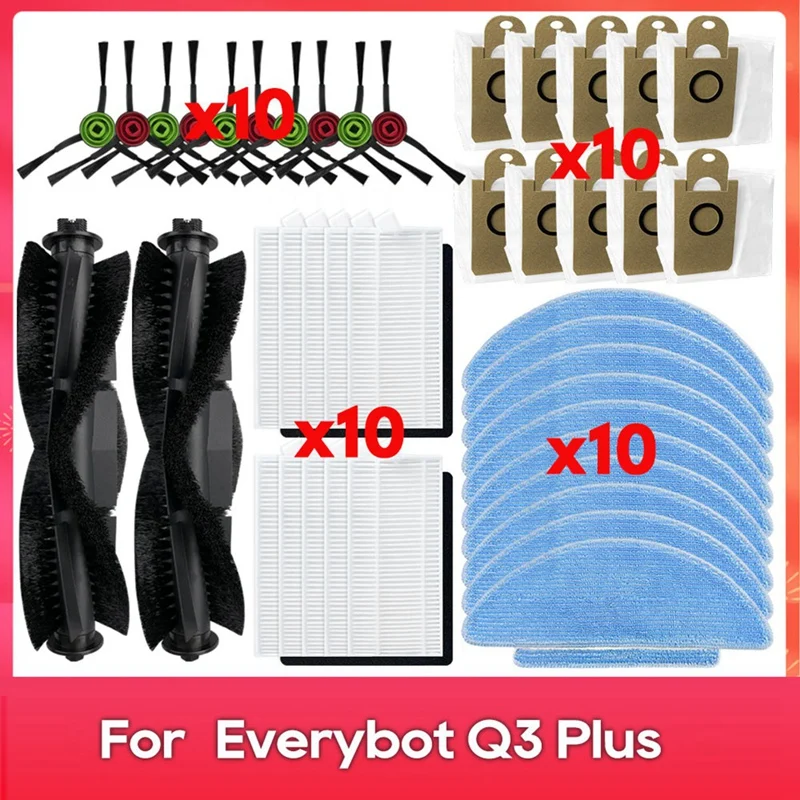 A69efor Everybot Q3 / Q3 Plus Replacement Parts Accessories Main Side Brush Hepa Filters Mop Cloth Dust Bags