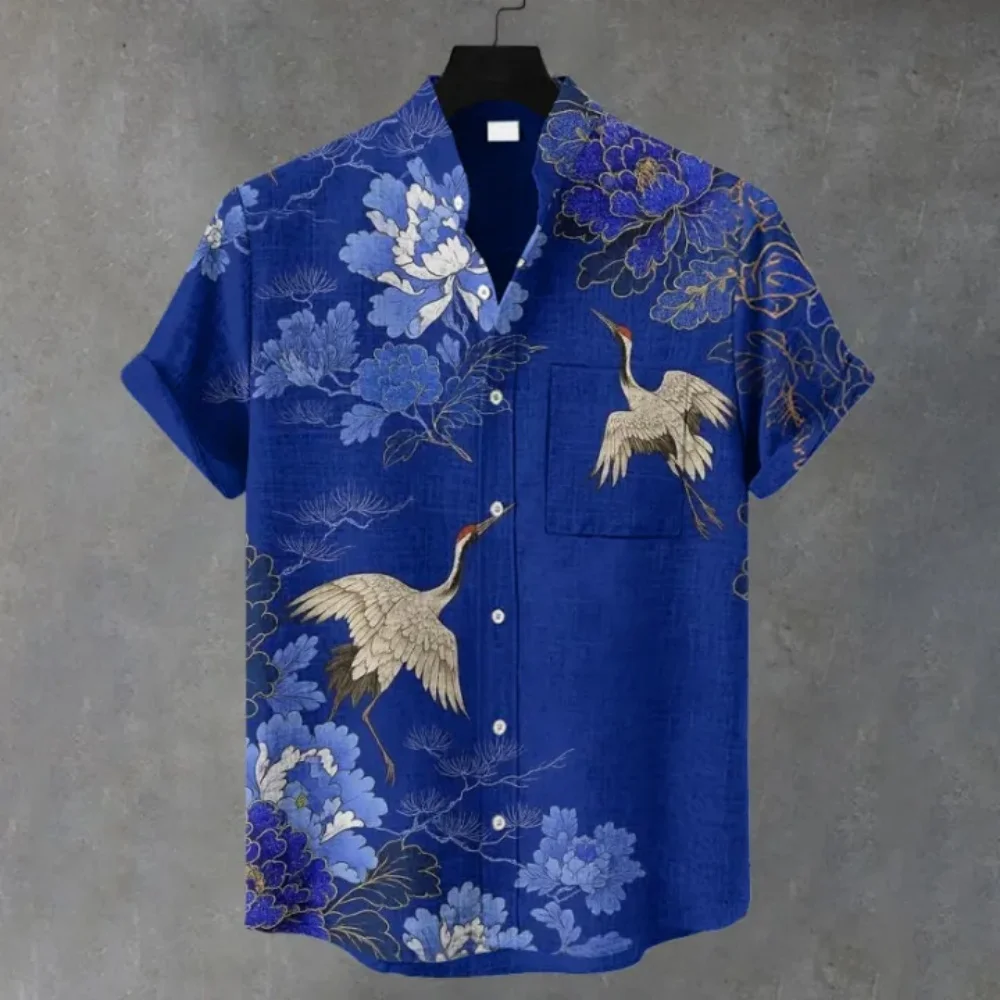 

Retro Art Red Crowned Crane Flower Pine Pattern Men's Stand up Collar Shirt Royal Blue Summer Beach Short Sleeve Shirt