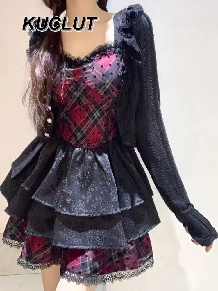 

Women's 2 Piece Sets Korean Style Spring Autumn Outfit Set Sweet and Cute Long Sleeve Cardigan Lace Edge Cake Puffy Dress Set