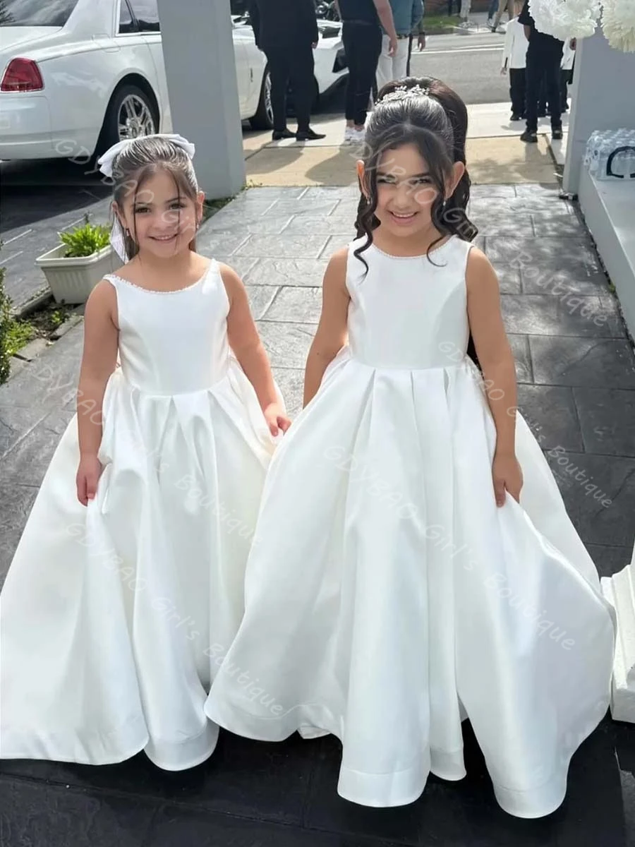 Vestido de princesa personalizado para niñas, vestido de flores con espalda abierta y perlas con lazo/tren, vestido largo de fiesta de boda y comunión para niños