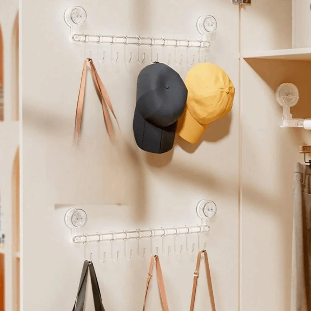 

10 Hooks Suction Cup Kitchen Hook Adjustable Wall Mounted Sliding Flatware Storage Rack Space Saving Removable