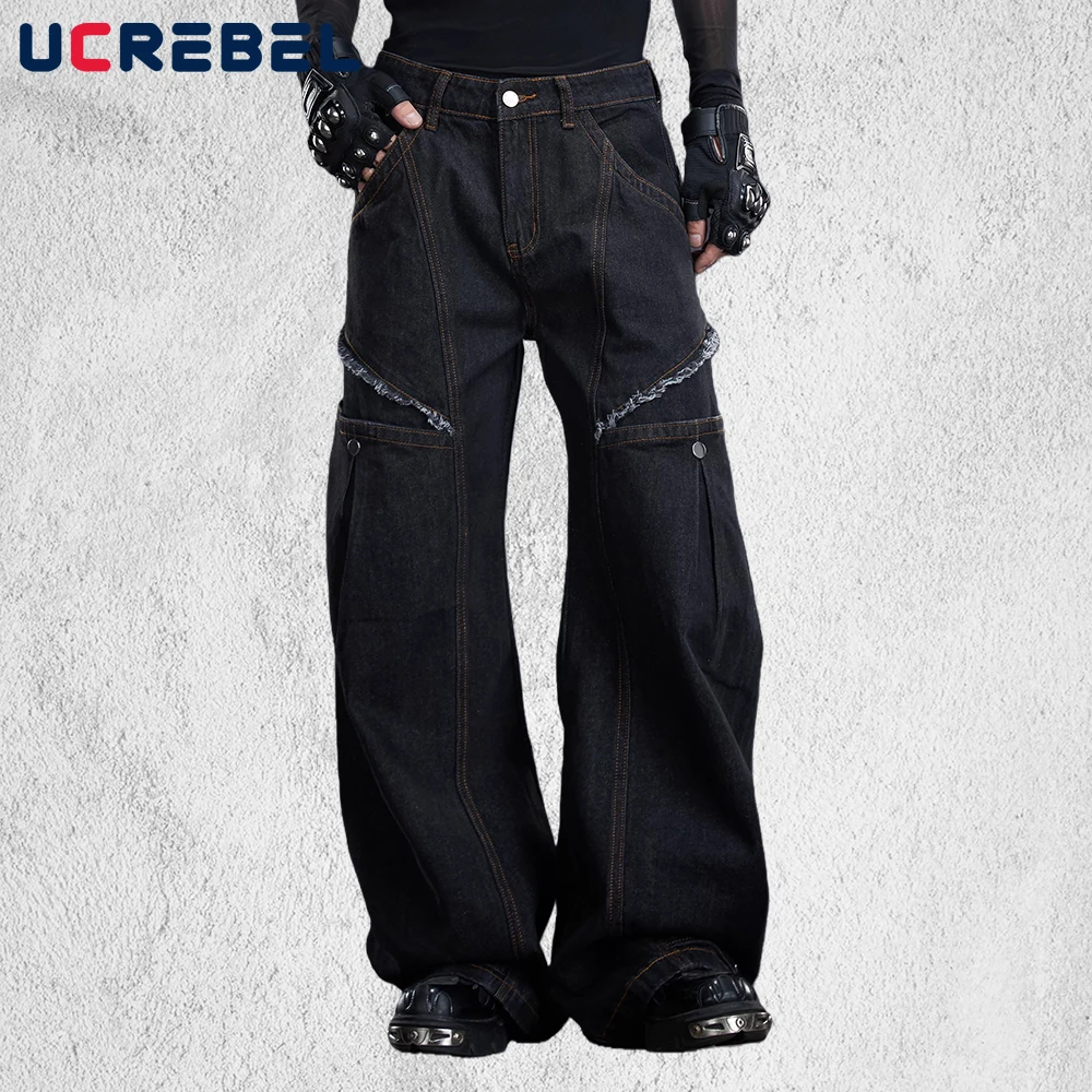 

Мужские джинсы-бананы с необработанным краем и вставками, с карманами, декоративной строчкой, в стиле ретро, уличный стиль, выбеленные, свободные, широкие, джинсовые брюки для мужчин