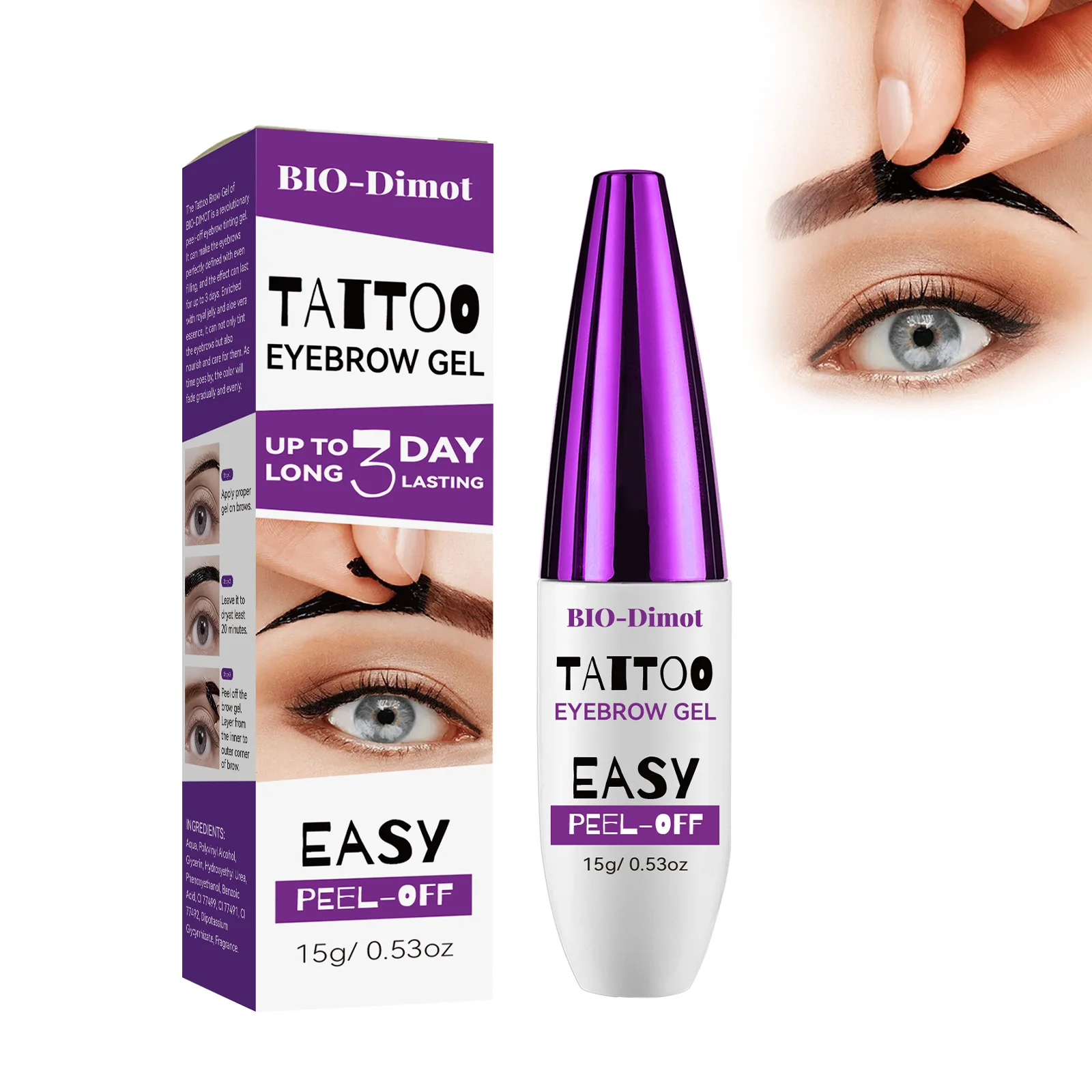 BIO-Dimot 15g Lasting Eyebrow Gel Natural Semi-permanent Shade Waterproof Peel-Off Tint Easy Peel-off Smudge-proof Eyebrow Cream