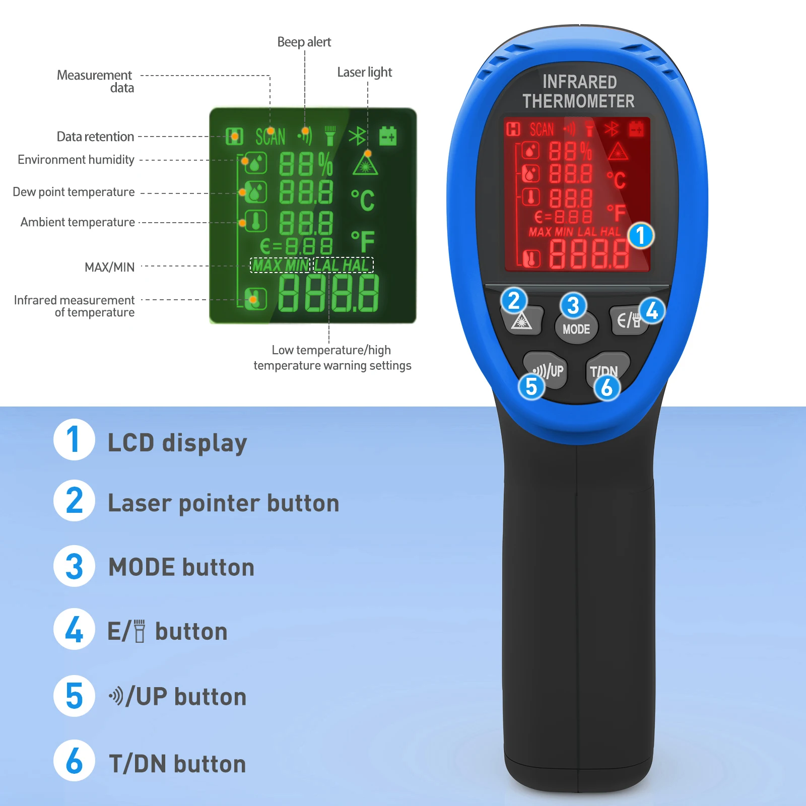 HOLDPEAK HP-985E -50℃-800℃ Double Laser Non-contact Infrared Thermometer DS 16:1 with Data hold,Max/Min Warning Setting,LCD