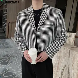 INCERUN 2024 Men's Plaid Blazer Lapel One Button Long Sleeve Casual Suits Men Streetwear Spring Fashion Leisure Crop Coats S-5XL