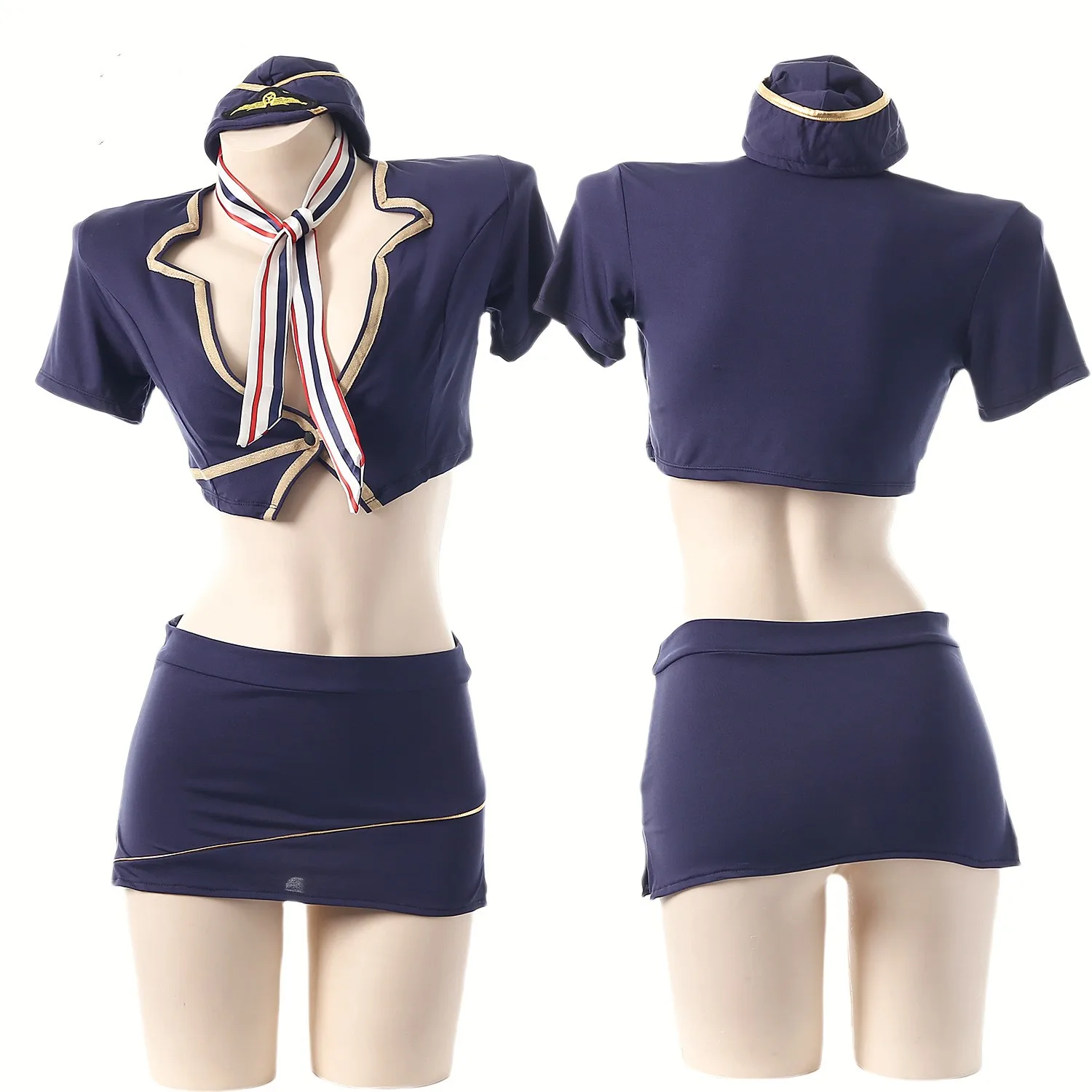 

Sexy Airline Stewardess Office Secretary Cosplay Costumes Uniform Open Chest Top with Mini Skirt Police Temptation Lingerie