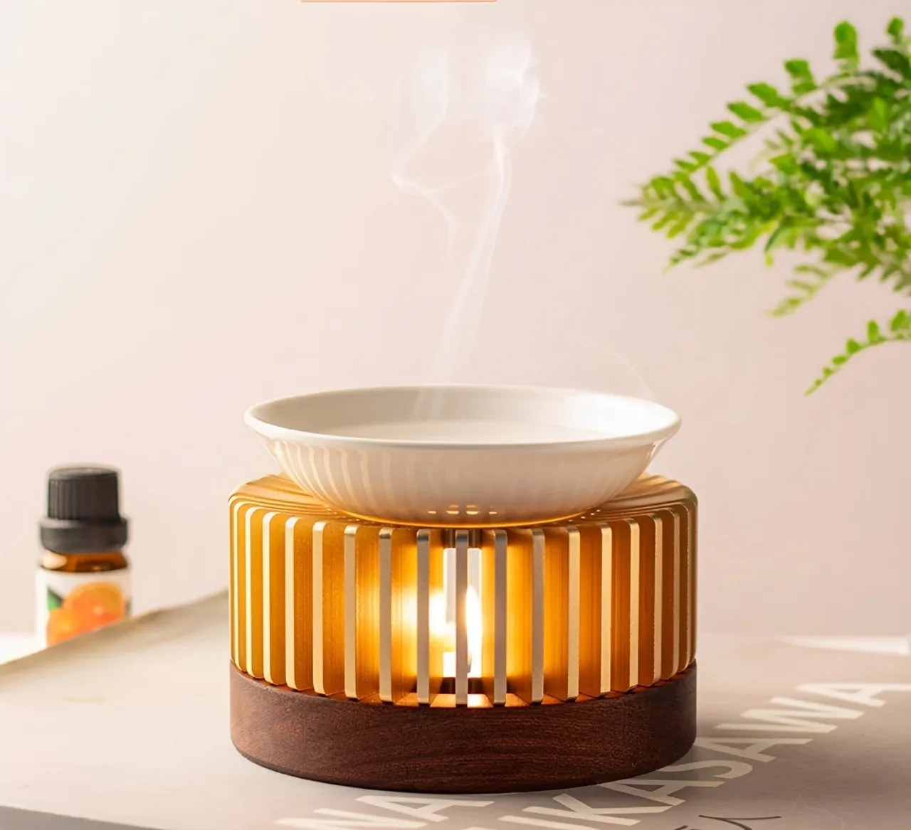 GIEMZA Oil Burner for Scented Oil Candle Diffuser Heating Base Wood Metal Aromatherapy Tea Light Wax Melt Warmer Holders