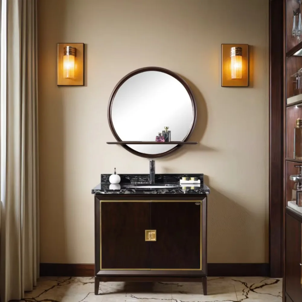 

Chinese solid wood flooring - bathroom vanity lacquered marble countertop with ceramic basin for apartment use