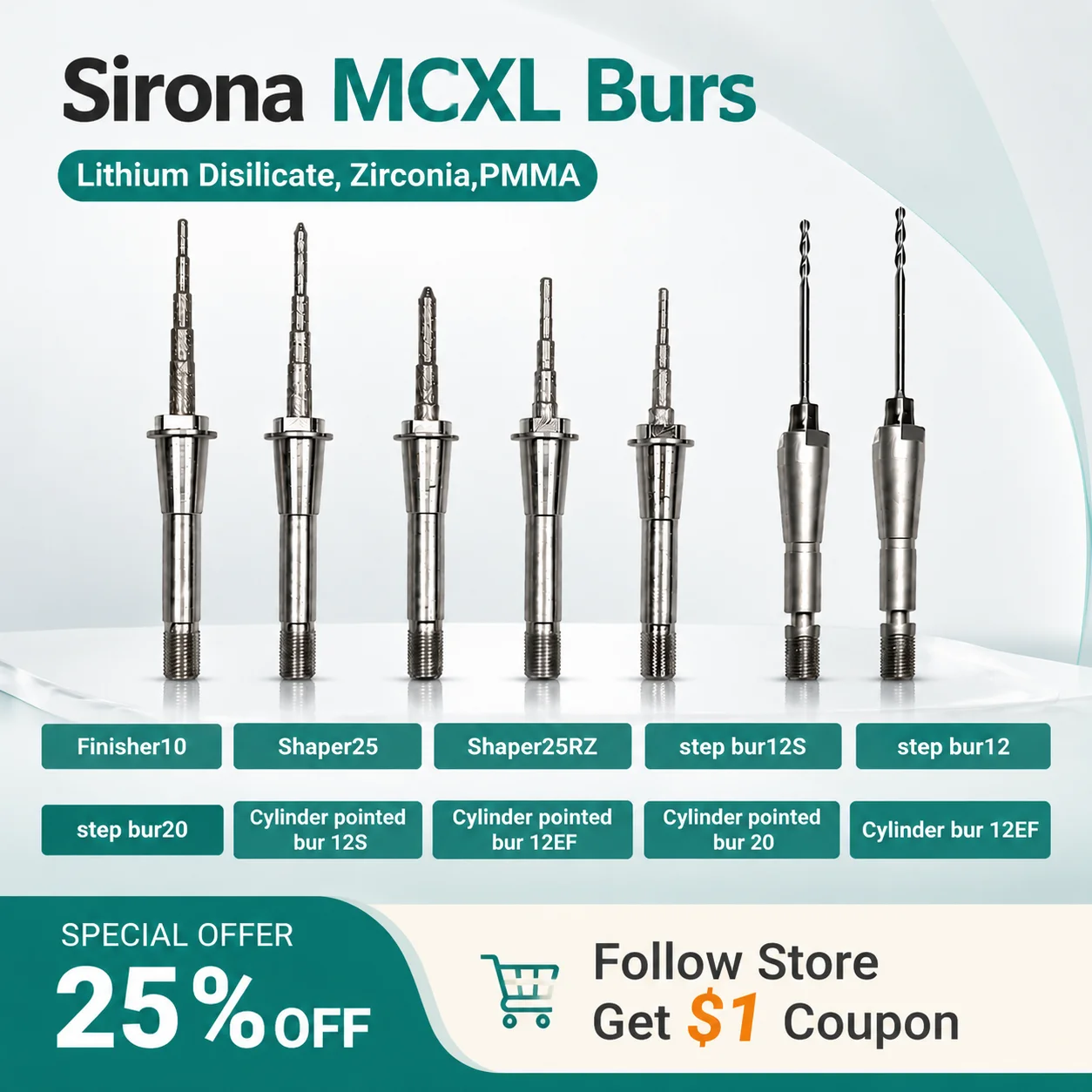 Sirona Inlab Cerec MCXL Bur Step Bur12S Dental Cylinder Pointed Bur12S /Shaper25RZ / Finisher10 Compatible Zirconia PMMA Milling