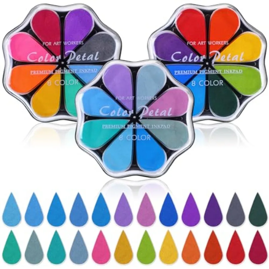 

Jetec 3 Packs Petal Ink Pads Finger Ink Stamp, Rainbow Rubber Stamps Washable Waterdrop Shaped Stamp Pads for Card Making, Scra