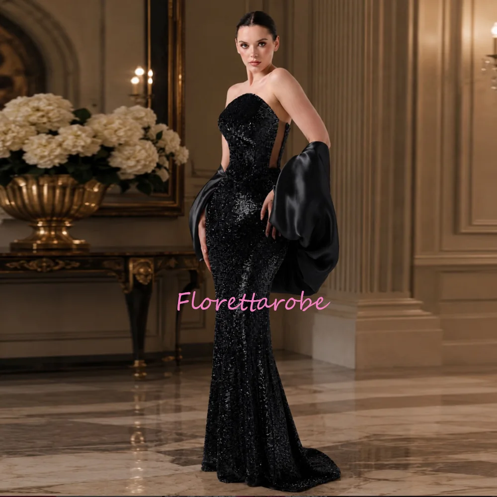 

Customized Black Sequined Party Gown Sleeveless Evening Gown Sexy Mermaid Long Prom Dresses With Black Satin shawl