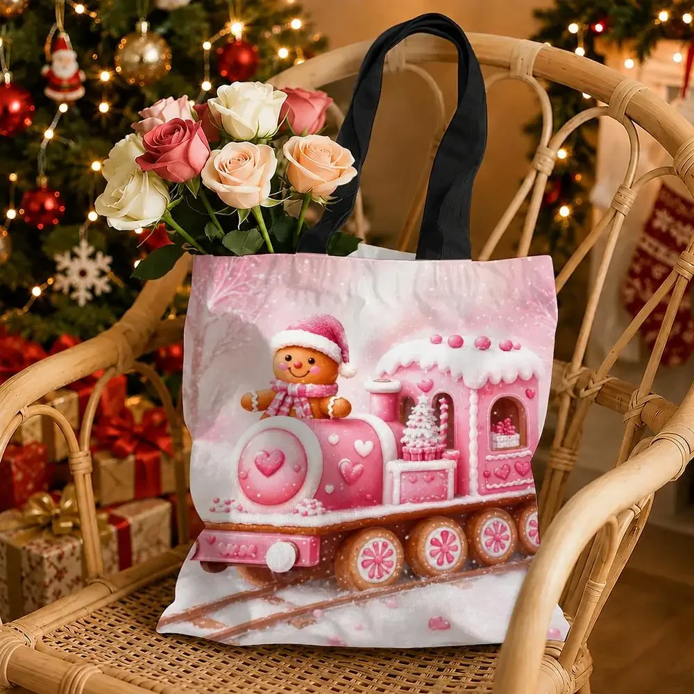 Pink Christmas Gingerbread Storage Bags Canvas Tote Bag Double-Sided Print Durable Shoulder Handbag for Festival Party Gift