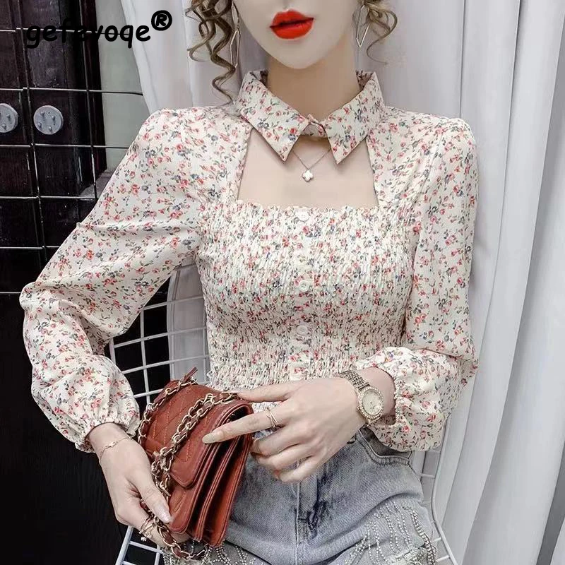 New Women Vintage Sexy Hollow Floral Print Chiffon Blouses Elegant Fashion Slim Long Sleeve Shirts Female Casual Sweet Chic Tops