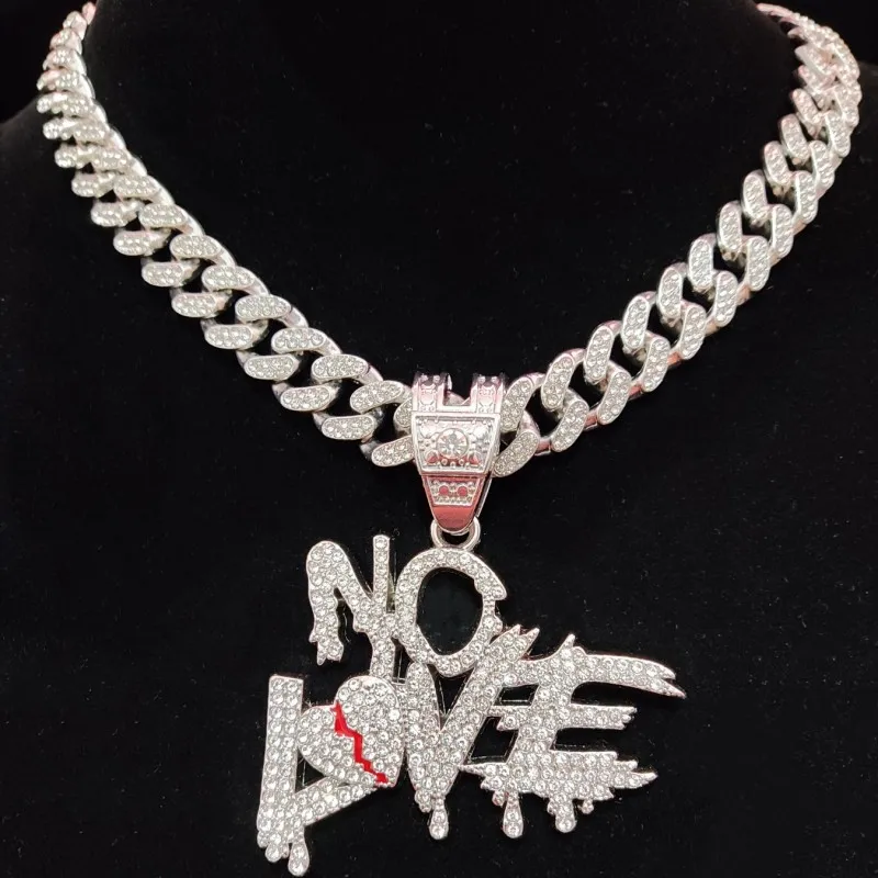 2023 New Arrived Men Hip Hop No Love Letter Pendant Necklace Cuban Chain Iced Out Bling HipHop Necklaces Fashion Jewelry Gifts