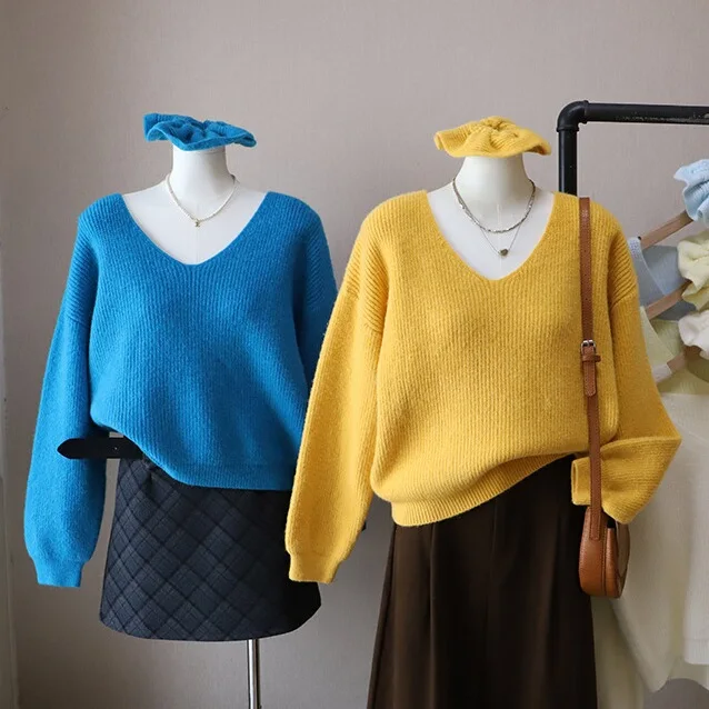 Loose Long Sve V-Ne Sweater Women's Autumn Winter Lazy Sle Korean System Knitted Top Loose Slimming Soft Circle Hairband