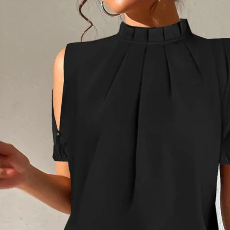 

2024 Summer Solid Color Short Sleeve Shirts & Blouses Blusas Elegantes Camisas Black Stand Collar Korean Blouse Tops For Woman