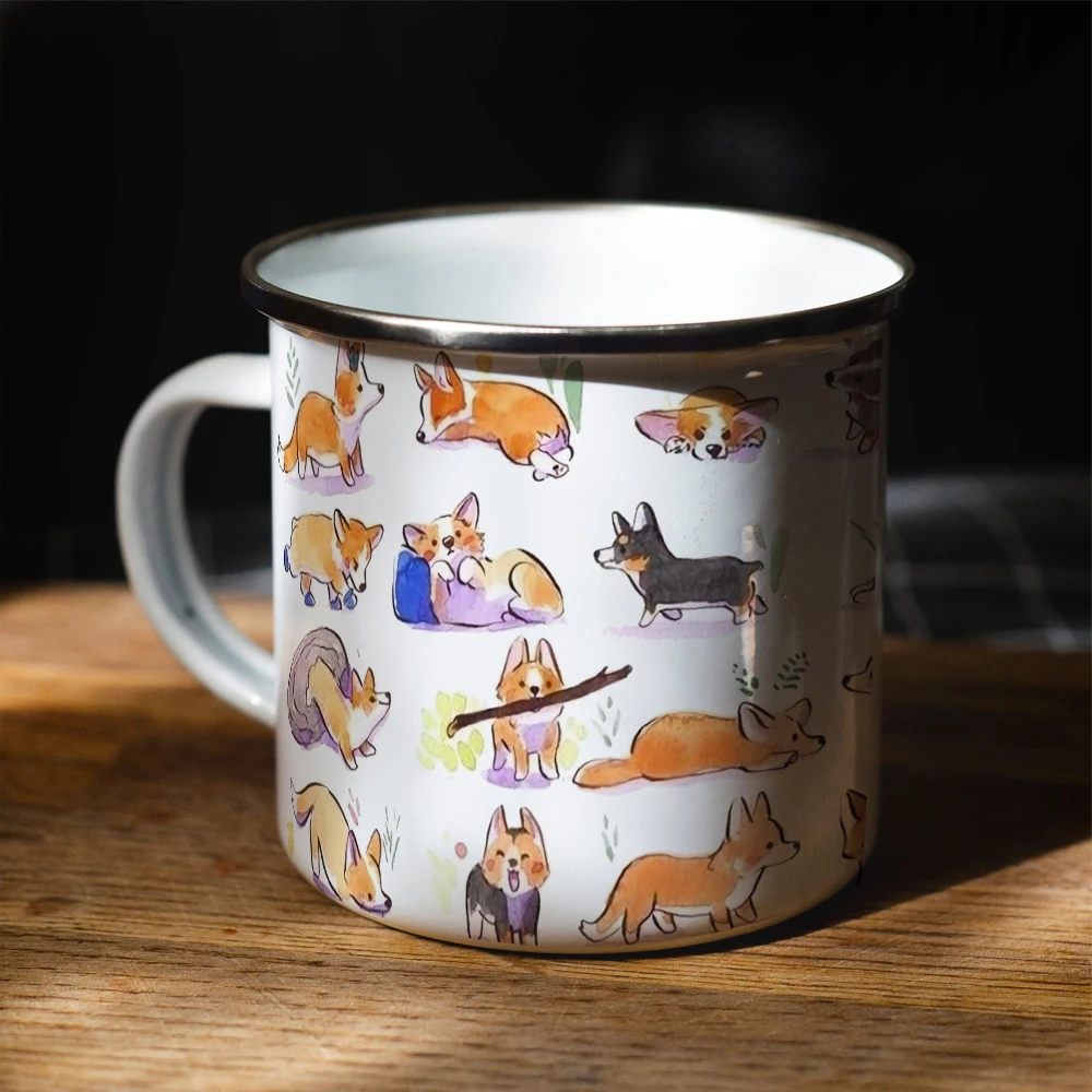 Cute Corgi pattern Enamel Camping Mug  12oz Home Tea Cup,Dog lover Birthday Coffee Mug Gift