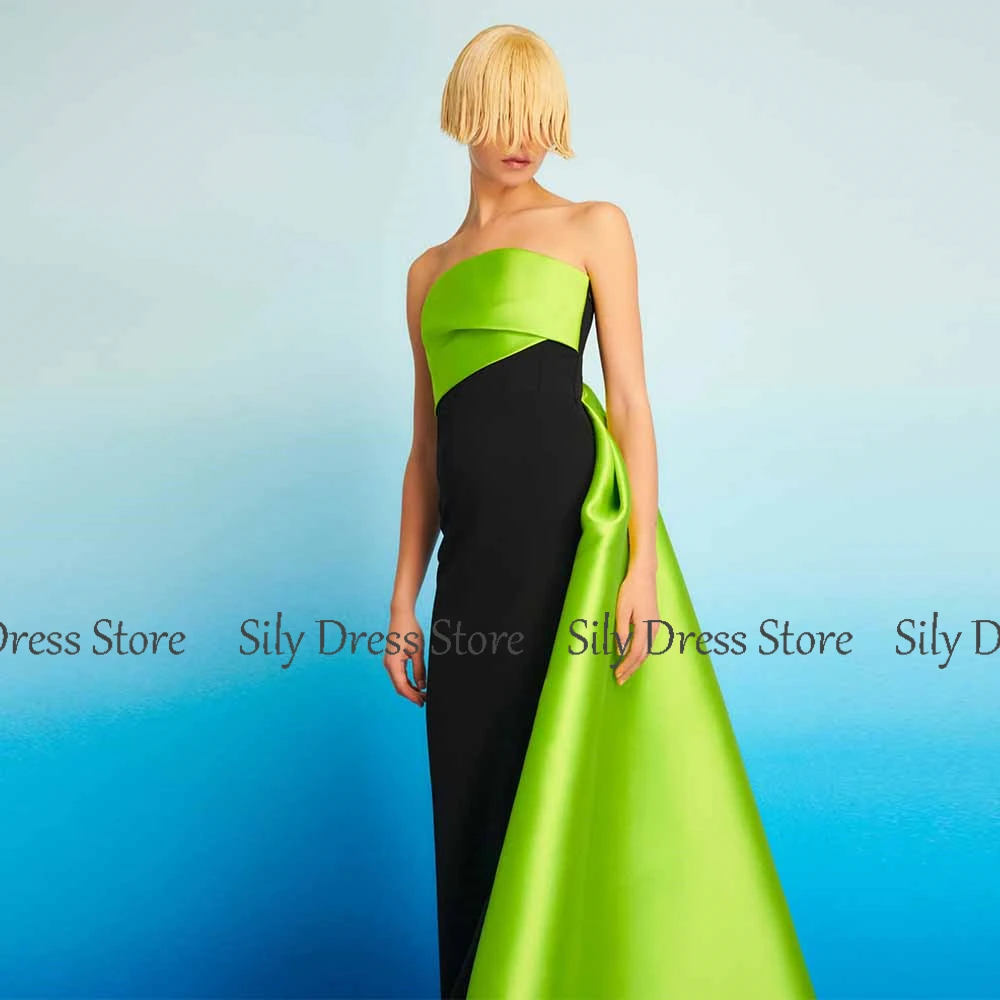 فساتين سهرة نسائية أنيقة 2025 جيرسي وعمود الساتان فستان المشاهير أخضر وأسود بدون حمالات ثنيات فساتين لحضور الحفلات الموسيقية