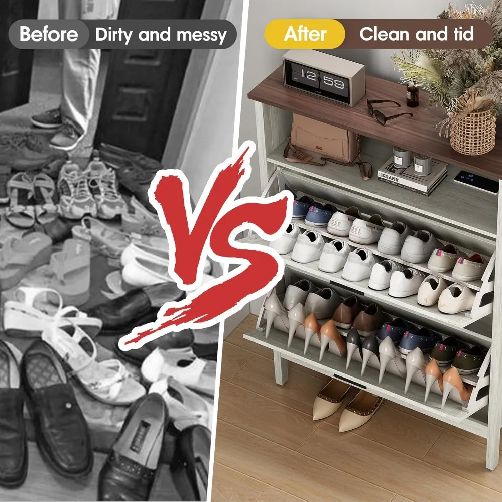 خزانة تخزين الأحذية مع درجين قابلين للطي، وظيفة إزالة الروائح الكريهة الأوتوماتيكية، خزانة تنظيم الأحذية قائمة بذاتها، بلوط بيج #6
