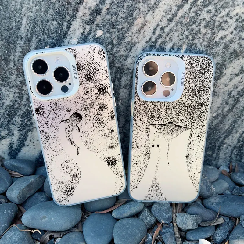 Ocean Animal Cute Dolphin Sea Turtle Painting Phone Case For Iphone 17 16 14 15 12 13 Pro Max Plus 13 Mini 11 White Laser Cover