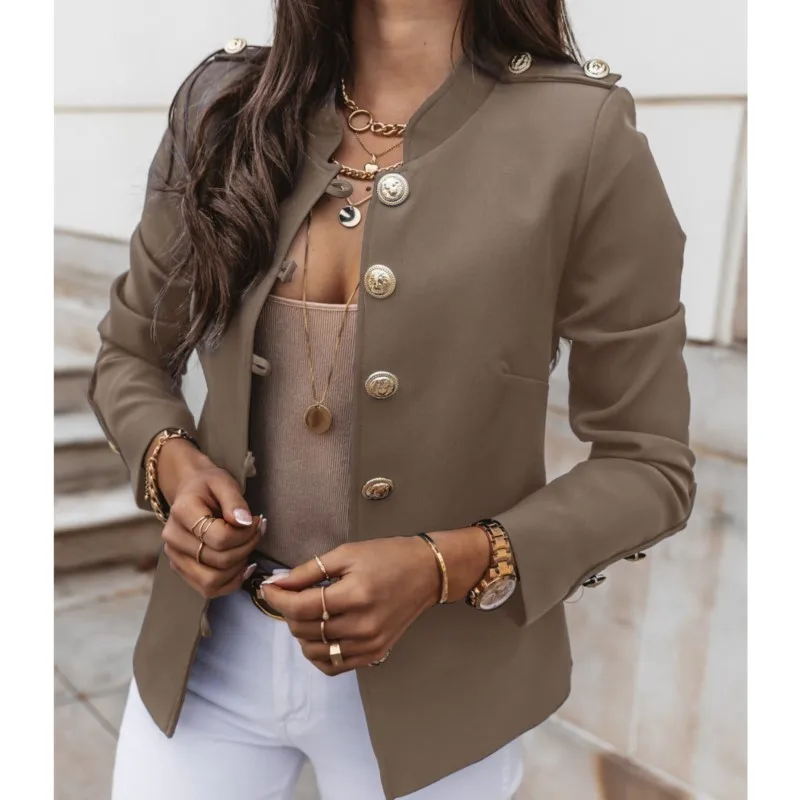 Fashion Elegant O-neck Single-breasted Slim Jacket Spring Autumn Women's Casual Temperament Solid Color Office Commute Outerwear