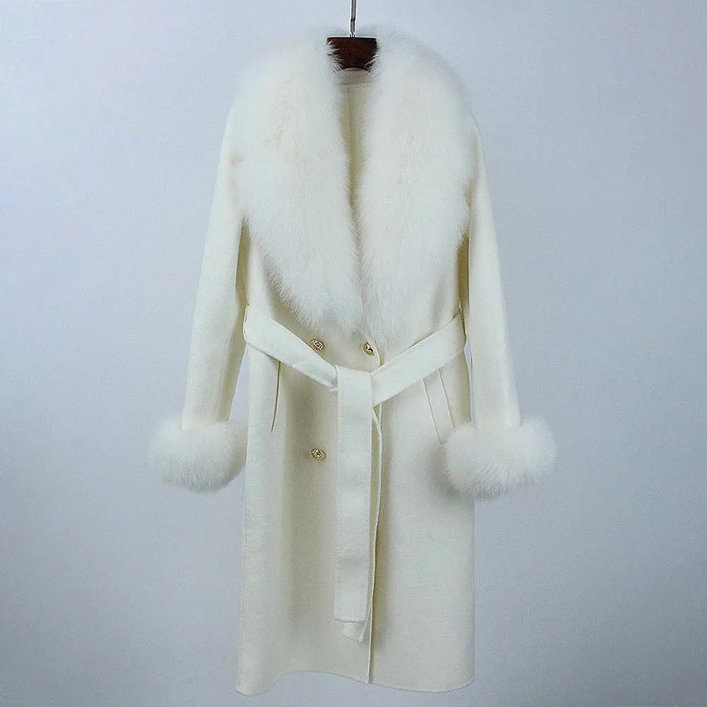 เสื้อโค้ทขนสัตว์แท้แฟชั่นใหม่ ฤดูหนาว 2025 แจ็คเก็ตยาวสำหรับผู้หญิง ผสมขนสัตว์ธรรมชาติและแคชเมียร์ กระดุมสองแถว มีเข็มขัด ให้ความอบอุ่น สไตล์สตรีทแวร์