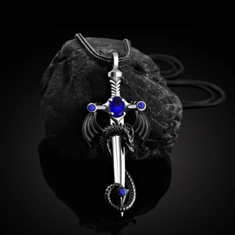 Fashion Men Dragon Sword Necklace Sword Black Dragon Pendant Hip Hop Necklaces for Men Animal Jewelry Party Anniversary Gift