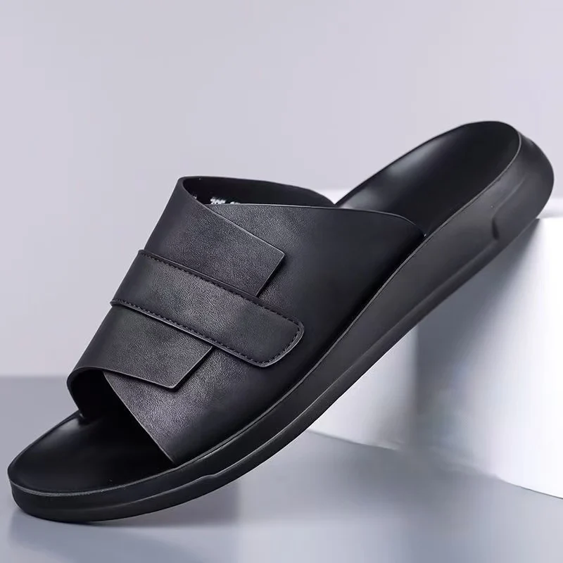 Men Real Leather One Word Outdoor Casual Slipper Sandals Summer New Soft Sole Non Slip Breathable High Quality Beach Slippers