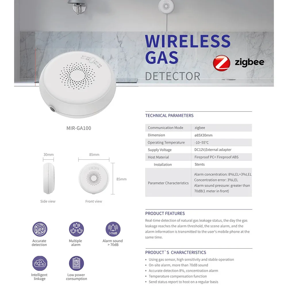 

Smart Gas Leak Tester for Natural Gas Lpg Flame Retardant Housing with Mobile Alert Home Security Alarm