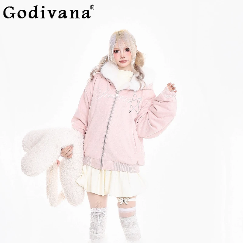 Y2K الفتيات الأرنب الأذن مقنعين سترات النساء الشتاء فضفاضة سميكة مبطن سترة قطن الإناث النمط الياباني معطف القطن الدافئ