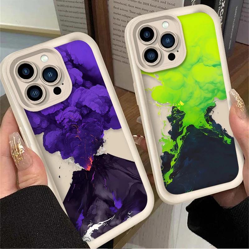 Purple Volcano Eruption Art Phone Case for iPhone 16 15 14 13 12 11 Pro Max XS X XR 8 7 6S Plus SE 2020 Liquid Silicone Cover