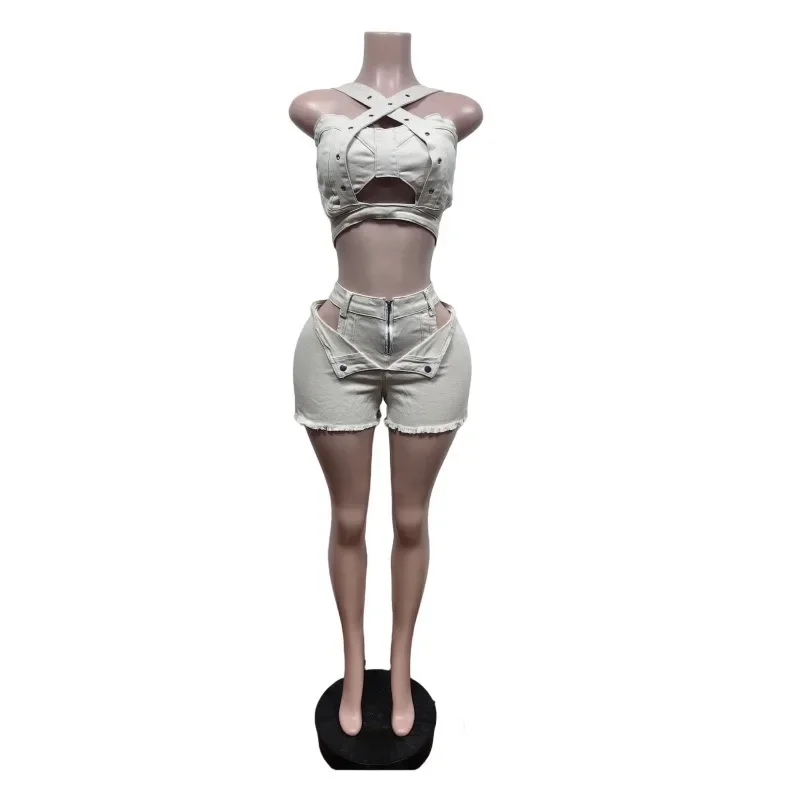 

Hollow Stretch Denim 2 Piece Set Women Sexy Strapless Cross Spaghetti Straps Backless Crop Top + Lapel Tassel Shorts Jeans Suits