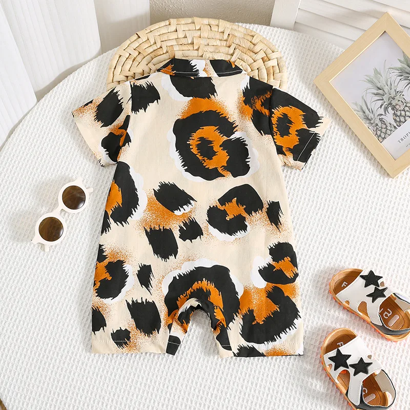 ملابس صيفية للأطفال حديثي الولادة لعام 2025، رومبير مريح من القطن الرقيق بياقة مقلوبة وطباعة الفهد #2